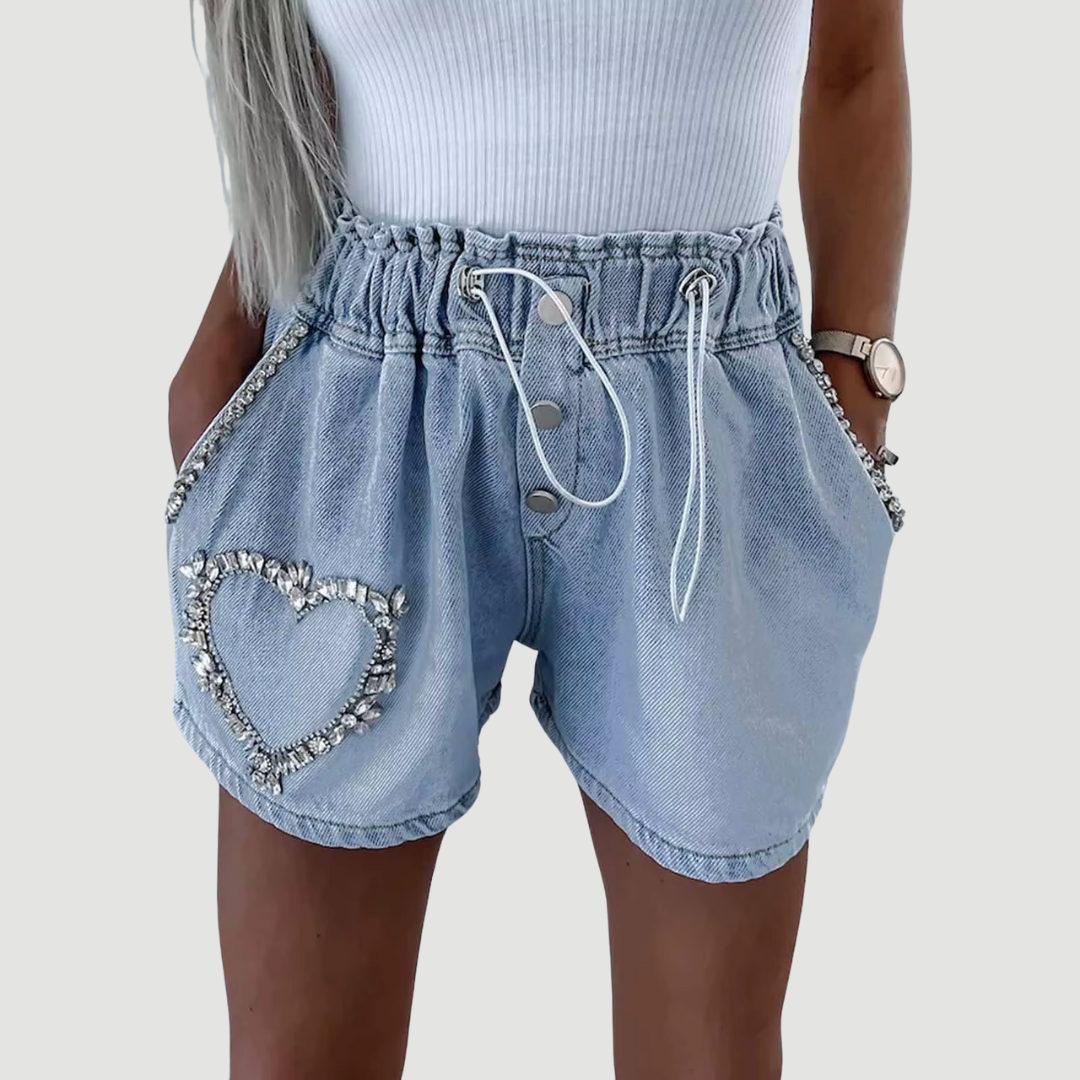 Amaya: Crystal Heart Denim Shorts