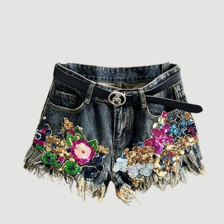 Seraphina: Sequin Floral Denim Shorts