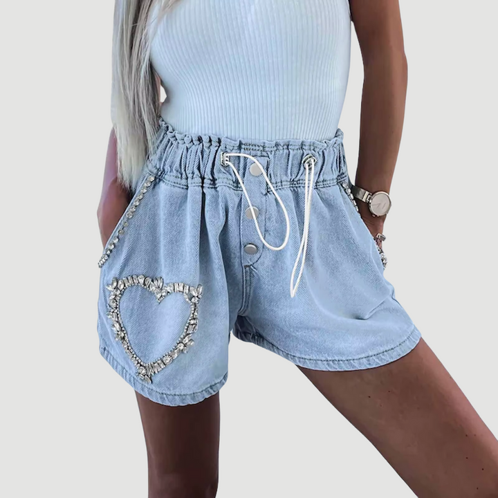 Amaya: Crystal Heart Denim Shorts