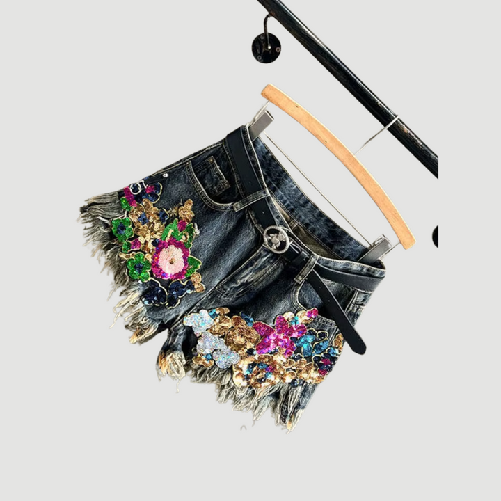 Seraphina: Sequin Floral Denim Shorts