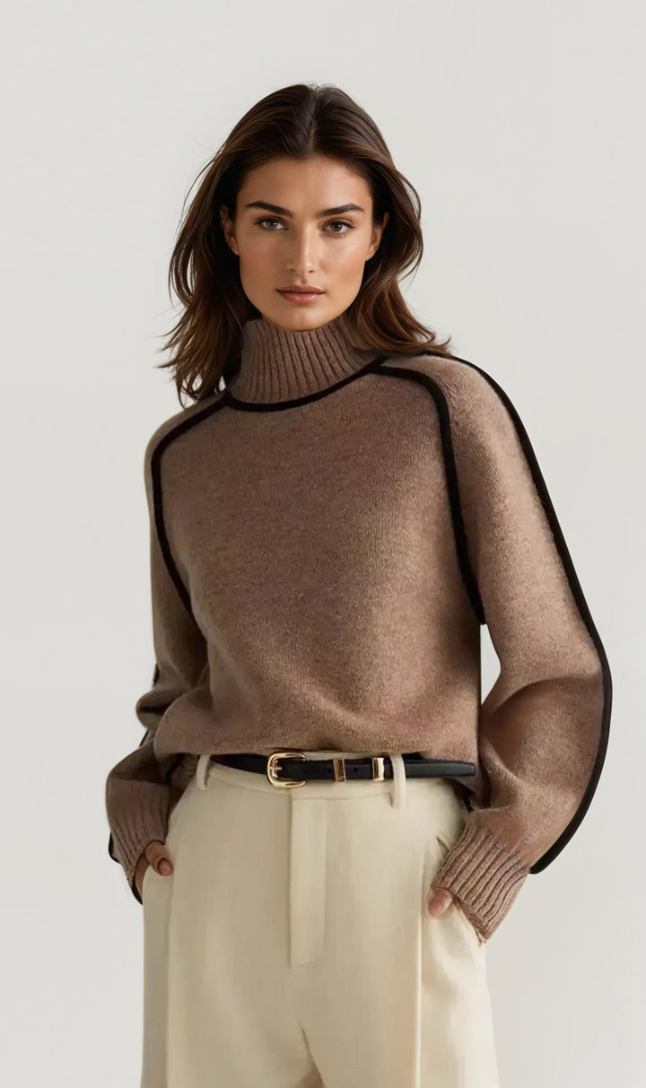 Zia: Contrast Trim Polo Neck Jumper | Brown