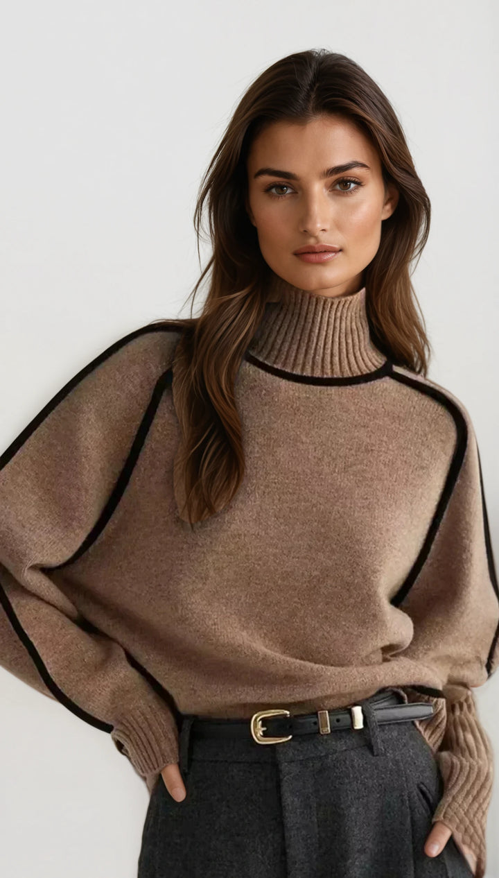 Zia: Contrast Trim Polo Neck Jumper | Brown