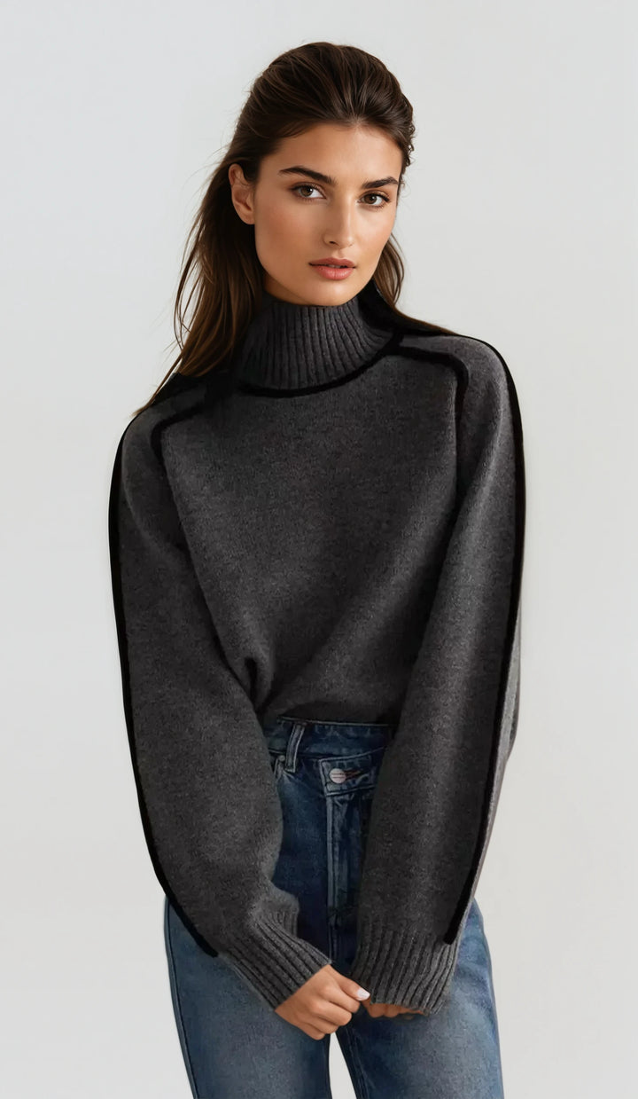 Zia: Contrast Trim Polo Neck Jumper | Grey