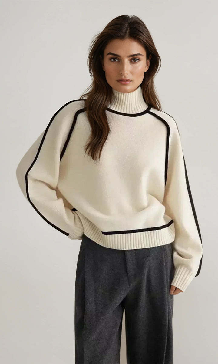 Zia: Contrast Trim Polo Neck Jumper | White