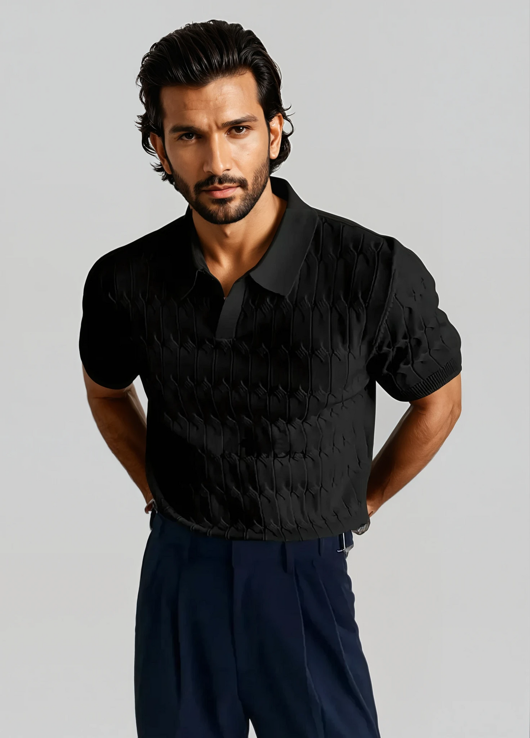 Lorenzo: Textured Knit Polo | Black